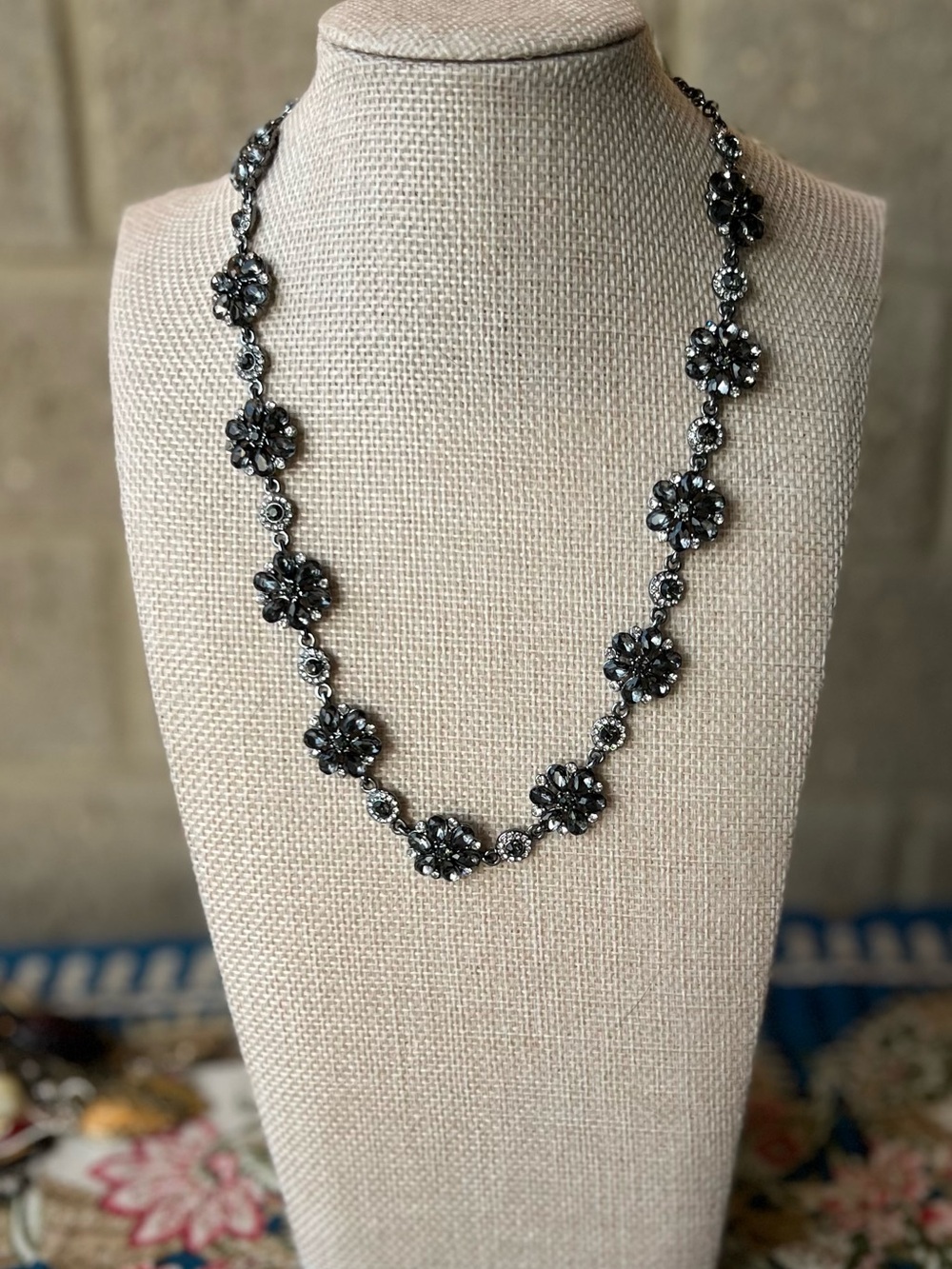 Charming Charlie Black Floral Crystal Link Necklace